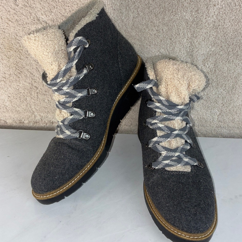 Dr. Scholls Charcoal Grey Hiker Ankle Boots - 8M - Faux Fur Trim Cozy Outdoor